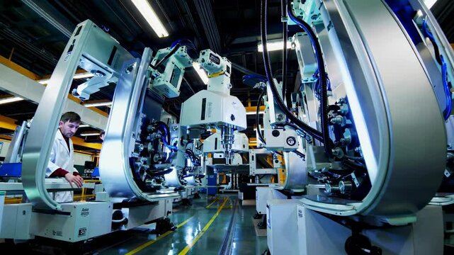 Advanced robotics and automation in a modern manufacturing facility with precision machinery and assembly lines