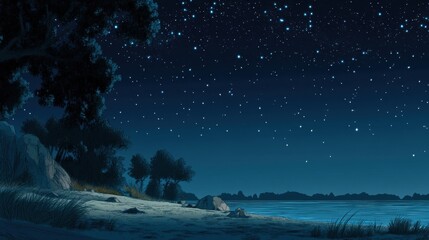 Fototapeta premium Serene Night Sky Over Calm Water with Twinkling Stars and Trees