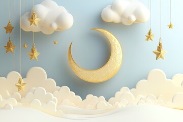 Crescent, Moon, clouds on Muslim feast. Holy islam religious month. Ramadan mubarak invitation paper cut. Sleep bedtime, World sleep day. Golden decor and copy space. Ramadan Kareem 3d illustration 