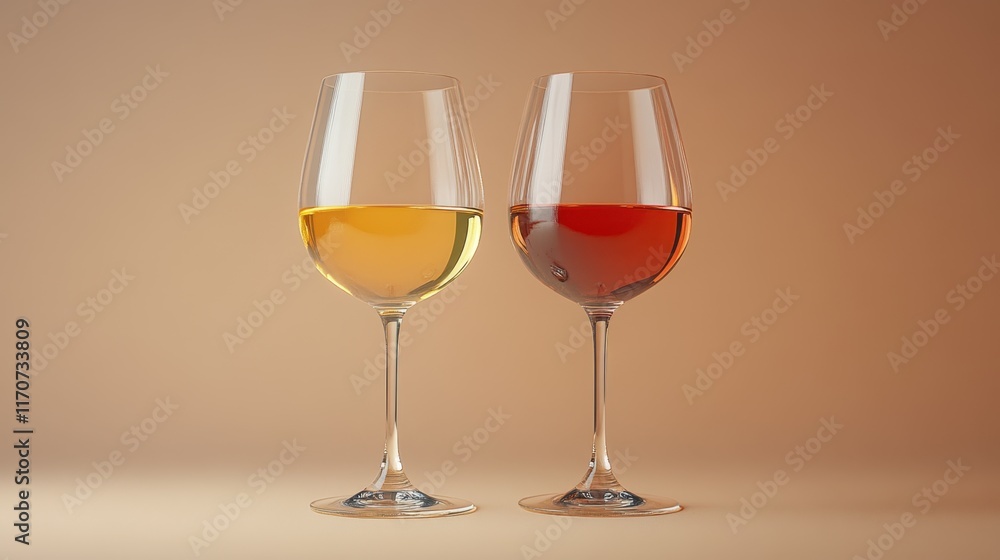 Poster Elegant display of white and red wine glasses against a warm, neutral background highlighting texture and color variations. Generative AI