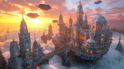Majestic castle in the clouds during sunset with airships.