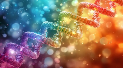 Colorful abstract representation of DNA structure intertwining in a vibrant digital artwork with mesmerizing bokeh effects. Generative AI