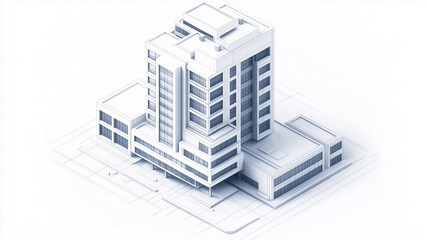 A low-poly 3D blueprint rendering of a modernist skyscraper, featuring multiple clearly defined floors, clean geometric forms, and rectangular windows.