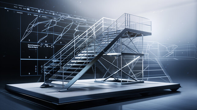 A highly detailed 3D rendering of a futuristic LSF (Light Steel Frame) staircase.