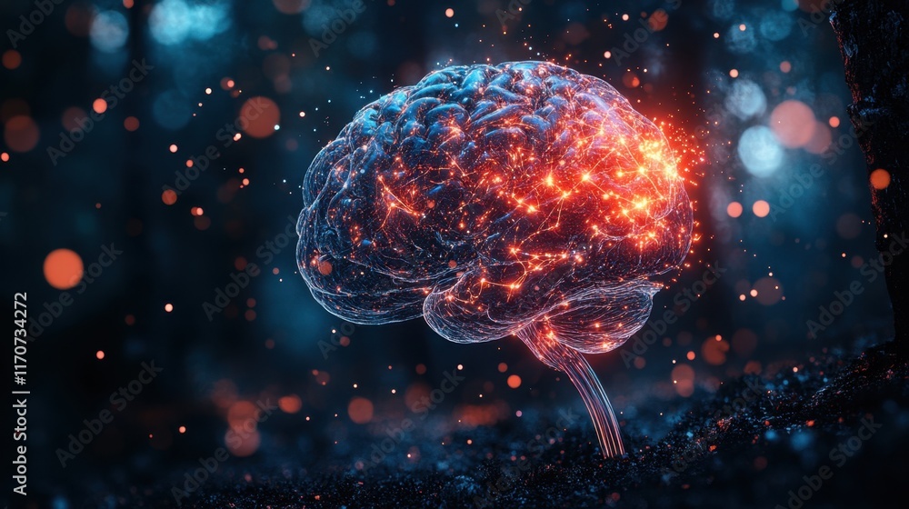 Poster innovative brain visualization depicting neural connections amidst a mystical forest setting at dusk