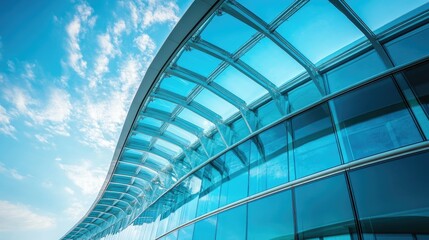 Obraz premium Modern glass building exterior with curved design and blue sky reflection. Modern Architecture Glass Building Exterior Blue Sky Reflection Curved Design Contemporary Office Skyscraper 