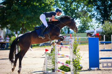 Horse jumping horse with rider jumping over an obstacle.