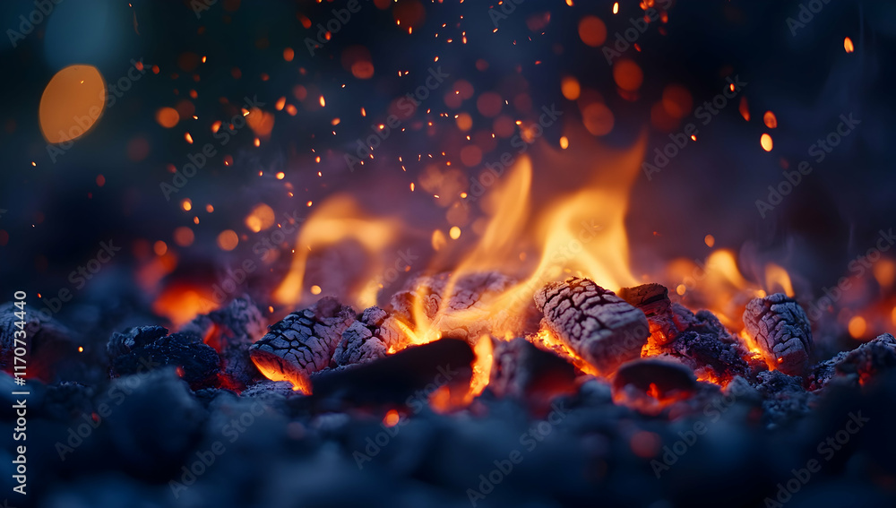 Poster close-up of glowing embers and charcoal in an outdoor grill, creating dynamic lighting effects and e