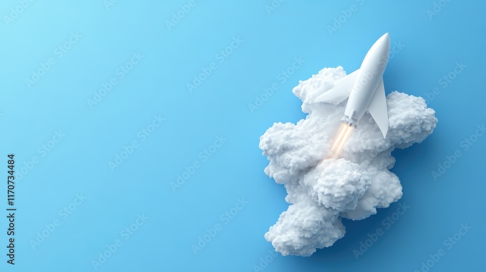 Poster rocket blasting off into a clear blue sky, surrounded by fluffy clouds in a thrilling display of tec