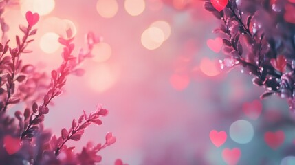 Fototapeta premium Delicate flower branches, dreamy bokeh lights. Pink and purple romantic atmosphere. Floating heart shapes. Love affection background for Valentines day celebration. Cards, invitations. 14 February.