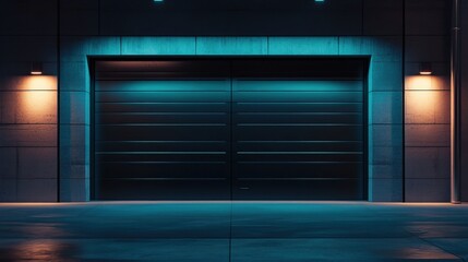 Modern Sleek Garage Door with Blue Lighting at Night Time