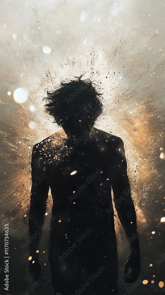 Poster silhouette of a person in dynamic motion with explosive energy and abstract light effects