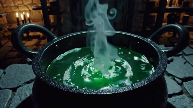 Mysterious Green Potion in Magical Cauldron