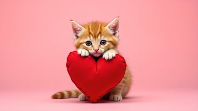 Ginger kitten hugs red heart. Cute cat on pink background. Valentine's Day love concept.