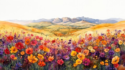 Obraz premium Vibrant Flower Field Landscape with Mountains and Wide Sky View