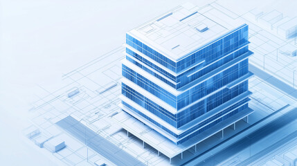 A modernist skyscraper rendered as a 3D blueprint in high-poly style, featuring a clean blue and white facade with rectangular windows and clearly defined horizontal floor bands.