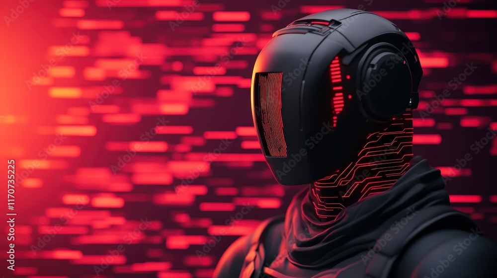 Poster futuristic robot design with glowing elements and red background