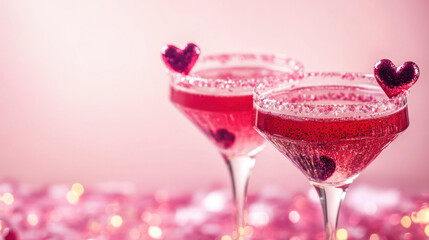 Sparkling Cocktails with Hearts on Pink Background. 