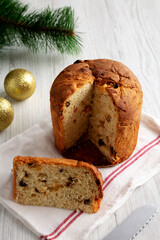 Homemade Italian Panettone Bread with Dried Fruit, side view.
