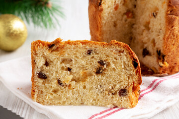Homemade Italian Panettone Bread with Dried Fruit, side view.