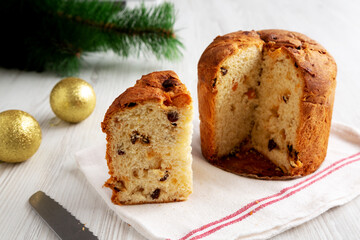 Homemade Italian Panettone Bread with Dried Fruit, side view.