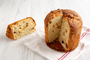 Homemade Italian Panettone Bread with Dried Fruit, side view. Close-up.