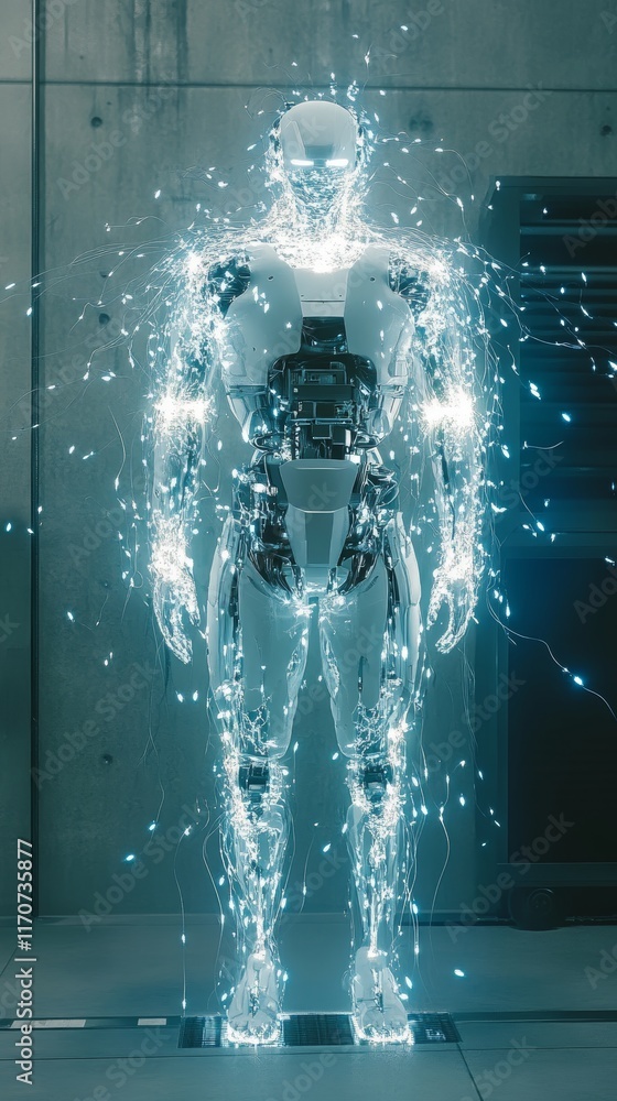 Poster futuristic humanoid robot with glowing lights in a high-tech environment