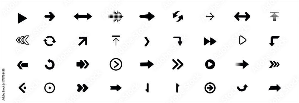 Poster Arrow icon set isolated on white background. Collection different arrows sign. Black vector arrows icons. Modern simple arrows. Vector illustration.