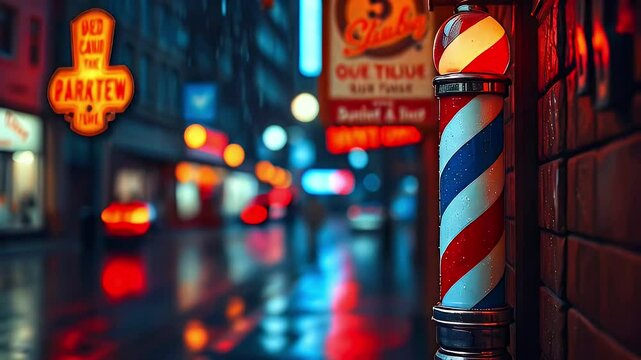 Barber pole on a wet city street with neon signs at night.