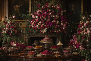 Fototapeta premium A lavish dessert display adorned with vibrant floral arrangements.