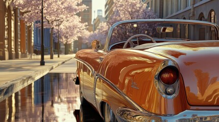 Vintage car on sunlit street with cherry blossom reflections