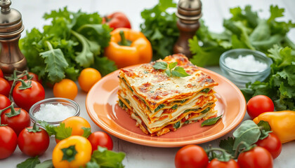Cheese-layered lasagna served on a yellow plate surrounded by vibrant fresh vegetables offering savory Italian flavors.

