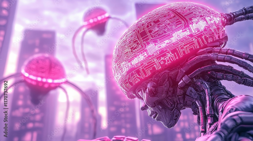 Poster futuristic robot profile surrounded by alien robots in a neon cityscape environment