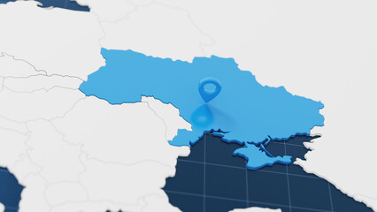 Blue Ukraine 3d map with pointer pin surrounded with other countries in white. Europe political map with borders. 3d render illustration
