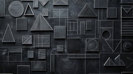 The blackboard in the classroom consists entirely of geometric shapes and geometry lesson tools. Triangles, quadrilaterals, rectangles, pentagons, circles and other shapes. 