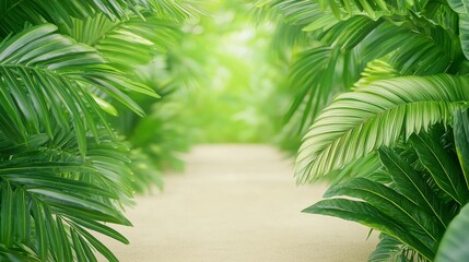 Lush Green Tropical Pathway Surrounded by Vibrant Palm Leaves in a Serene Environment