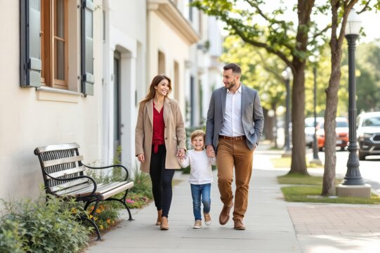 Happy family walking on sidewalk