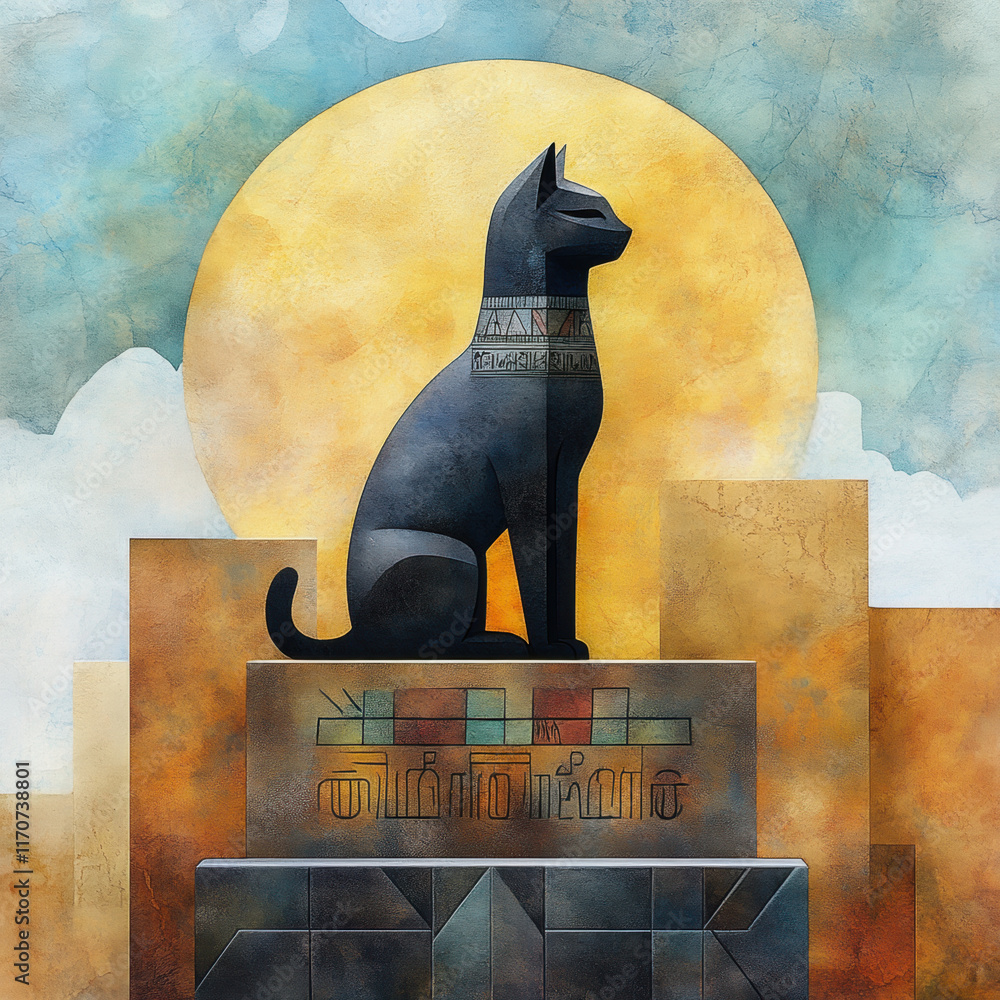 Poster egyptian cat, an abstract depiction of a cat statue, showcasing artistic interpretation and creative
