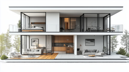 High-angle, top-down view of a modern apartment floor plan, monochrome grayscale rendering, showing living areas and bedrooms, detailed layout of furniture and structures,