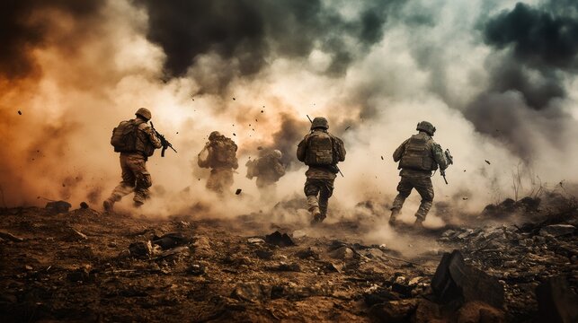 Soldiers running on the battlefield during a military operation