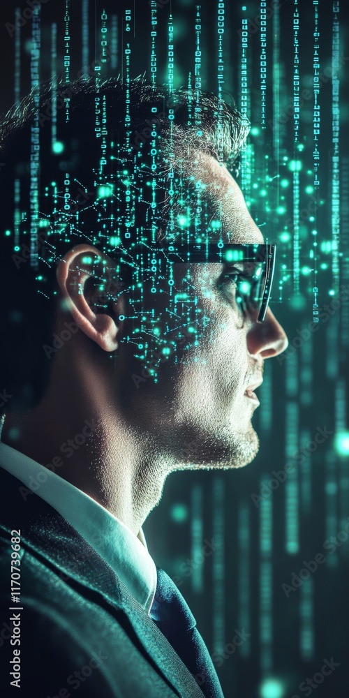 Poster a man in a suit is looking at a computer screen with a green background