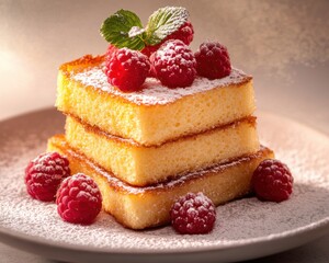 Delicious stacked cake slices topped with raspberries and mint leaves, dusted with powdered sugar.