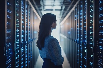 Woman in Data Center Surrounded by Server Racks and Streamlined Digital Connectivity