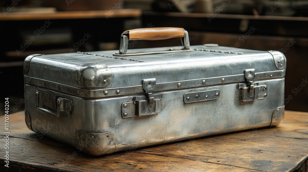 Poster vintage metal toolbox resting on a wooden surface in a rustic workshop illuminated by soft natural l
