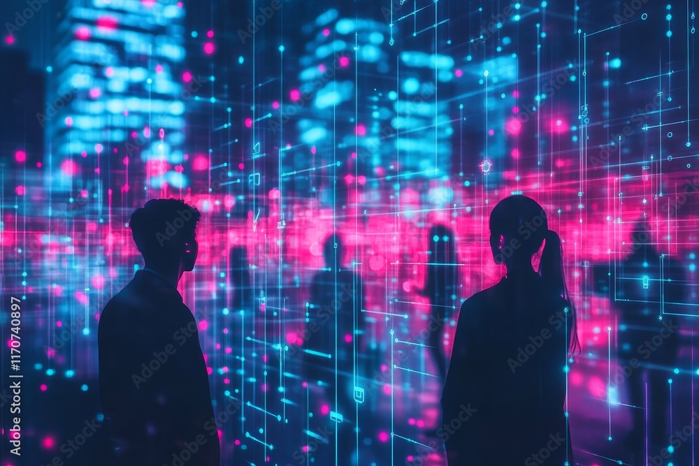 Poster a woman and a man are standing in front of a computer screen with a city view