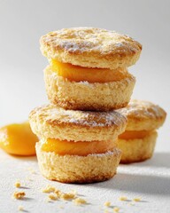 Freshly baked peach shortcakes stacked elegantly, showcasing their golden hues and powdered sugar topping.