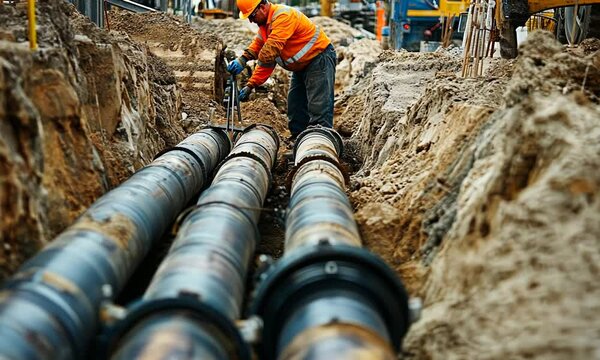 Worker installing pipes in trench, construction site