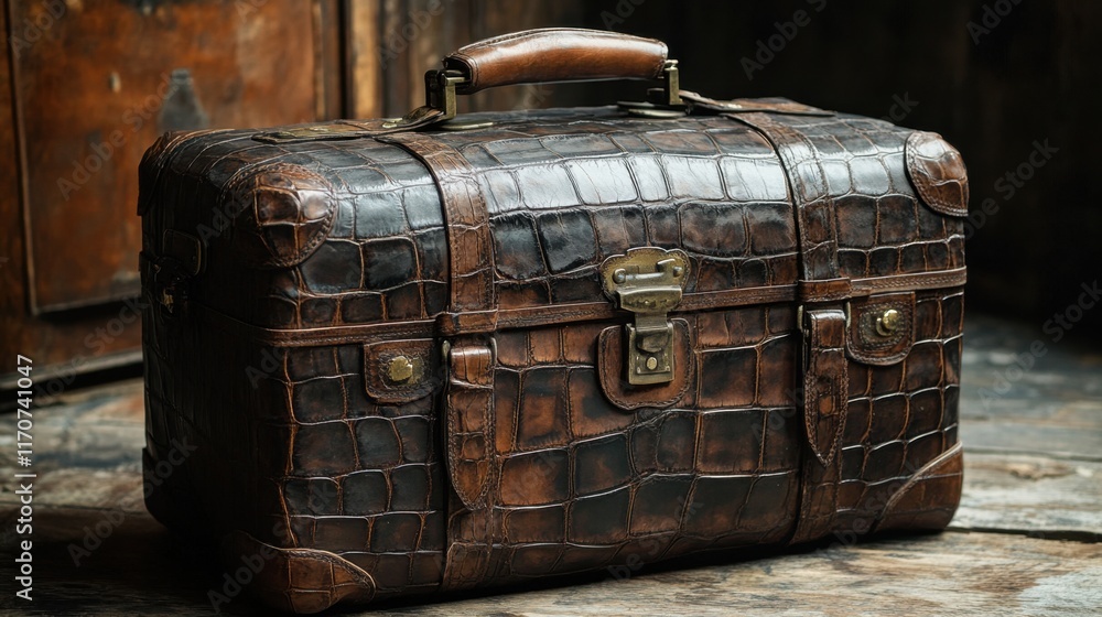 Poster old leather suitcase with intricate patterns resting on a wooden surface in a dimly lit room full of
