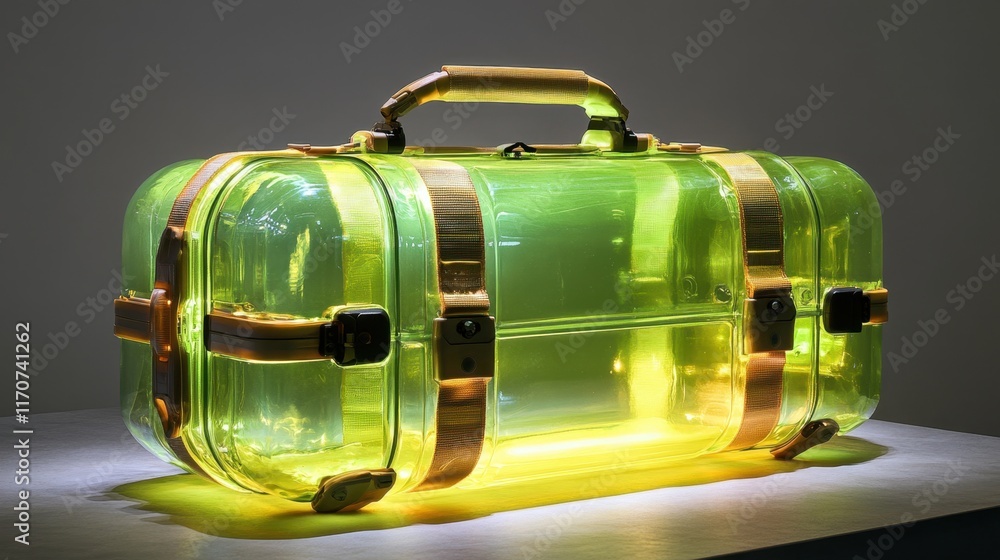 Poster unique transparent suitcase shining in bright green light with golden accents creating an eye-catchi