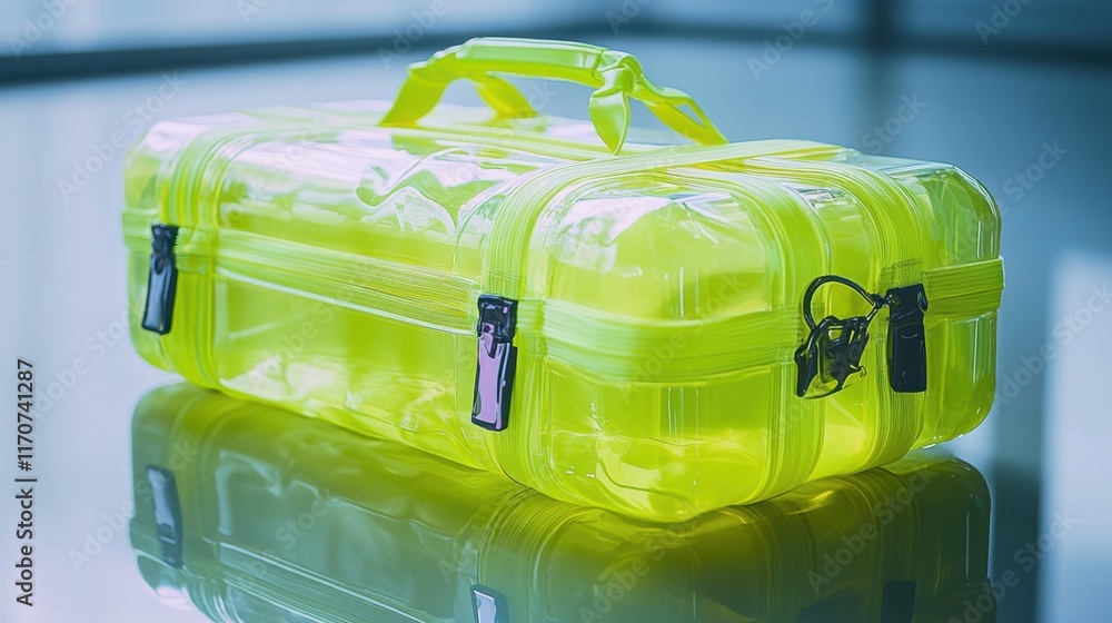 Poster bright yellow translucent carrying case on a reflective surface showcasing its sleek design and stur